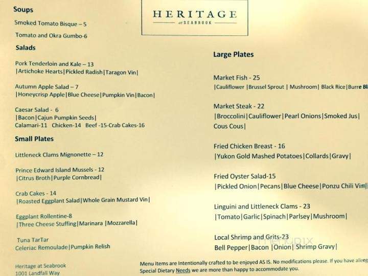 Heritage Restaurant At Seabrook - Seabrook Island, SC menu_pic