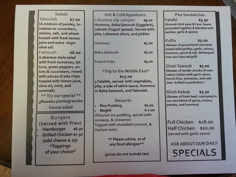 Hawelo Mediterranean Grill - Greenwood Lake, NY menu_pic