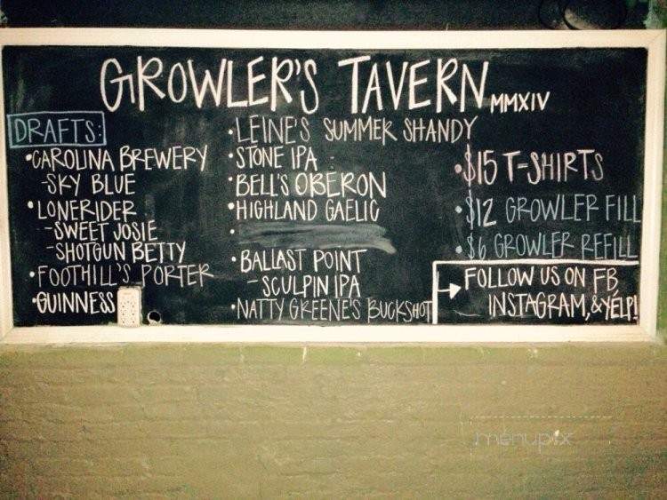 Growler's Tavern - Wilmington, NC menu_pic