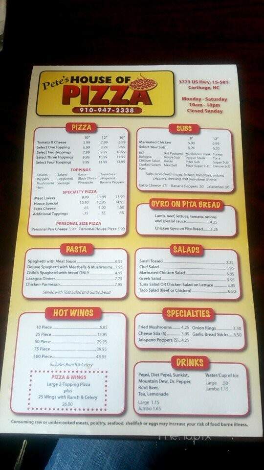 Pete's House of Pizza - Carthage, NC menu_pic