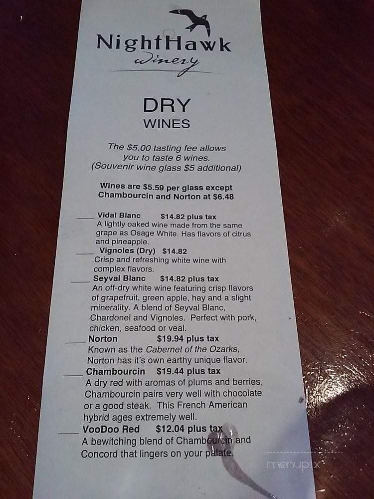 Nighthawk Vineyard and Winery - Paola, KS menu_pic