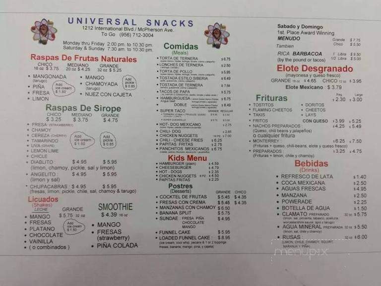 Universal Snacks - Laredo, TX menu_pic