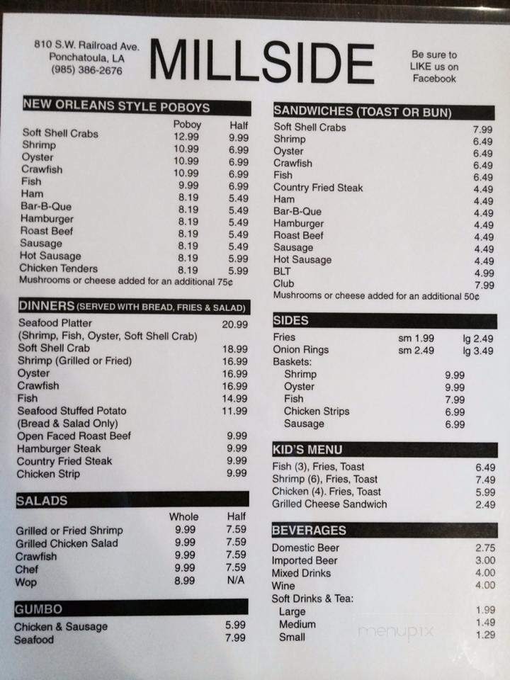 Millside Restaurant & Bar - Ponchatoula, LA menu_pic