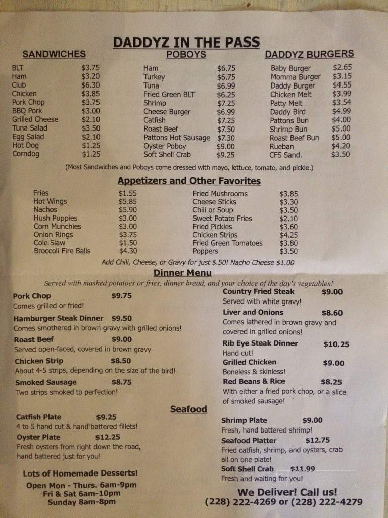 Daddyz In the Pass - Pass Christian, MS menu_pic