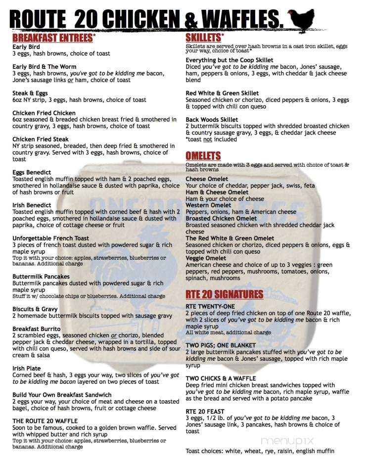 Route 20 Chicken & Waffles - Sturtevant, WI menu_pic