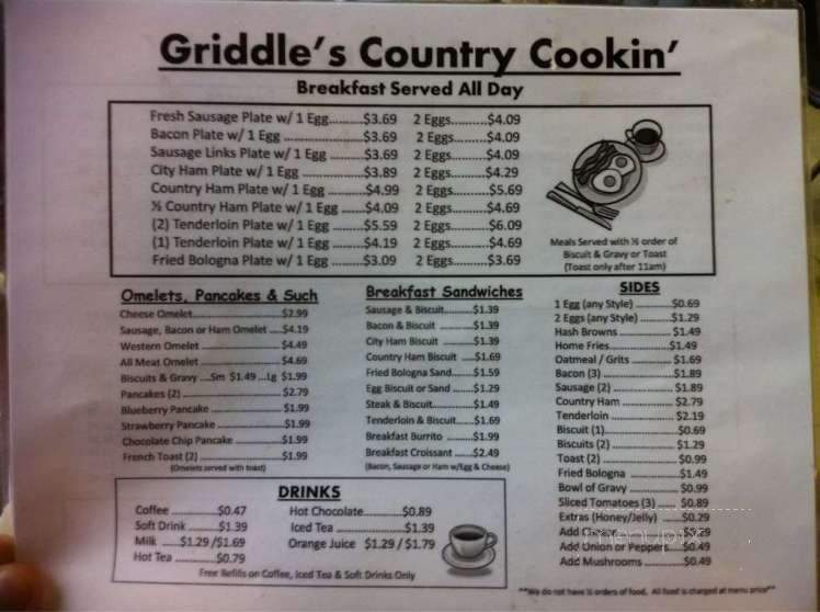 Griddle's Country Cookin - Scottsville, KY menu_pic