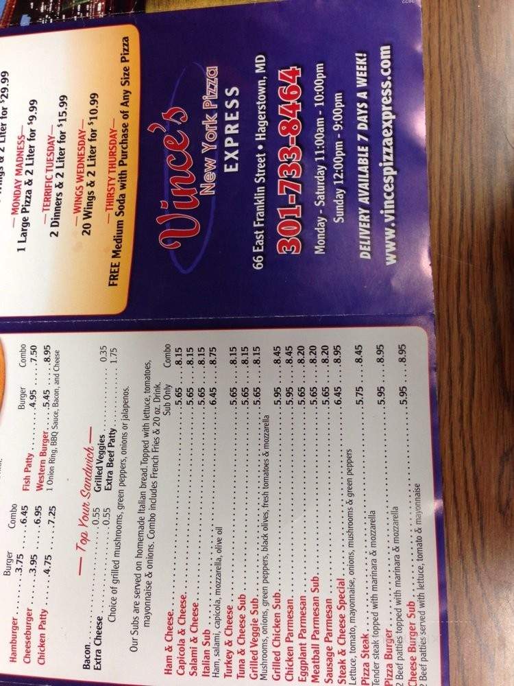 Vince's Pizza Express - Hagerstown, MD menu_pic