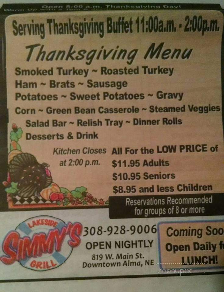 Simmy's Lakeside Grill - Alma, NE menu_pic