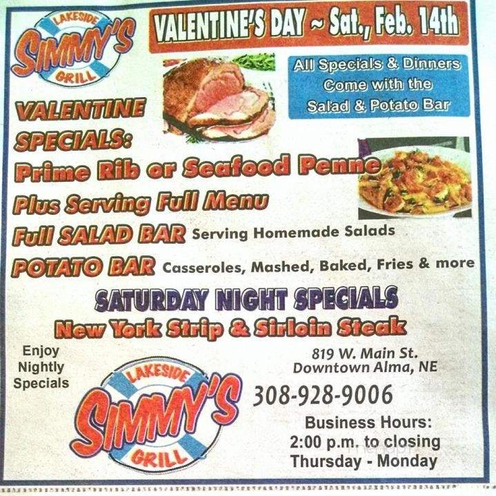 Simmy's Lakeside Grill - Alma, NE menu_pic