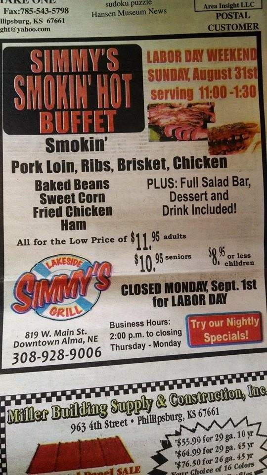 Simmy's Lakeside Grill - Alma, NE menu_pic