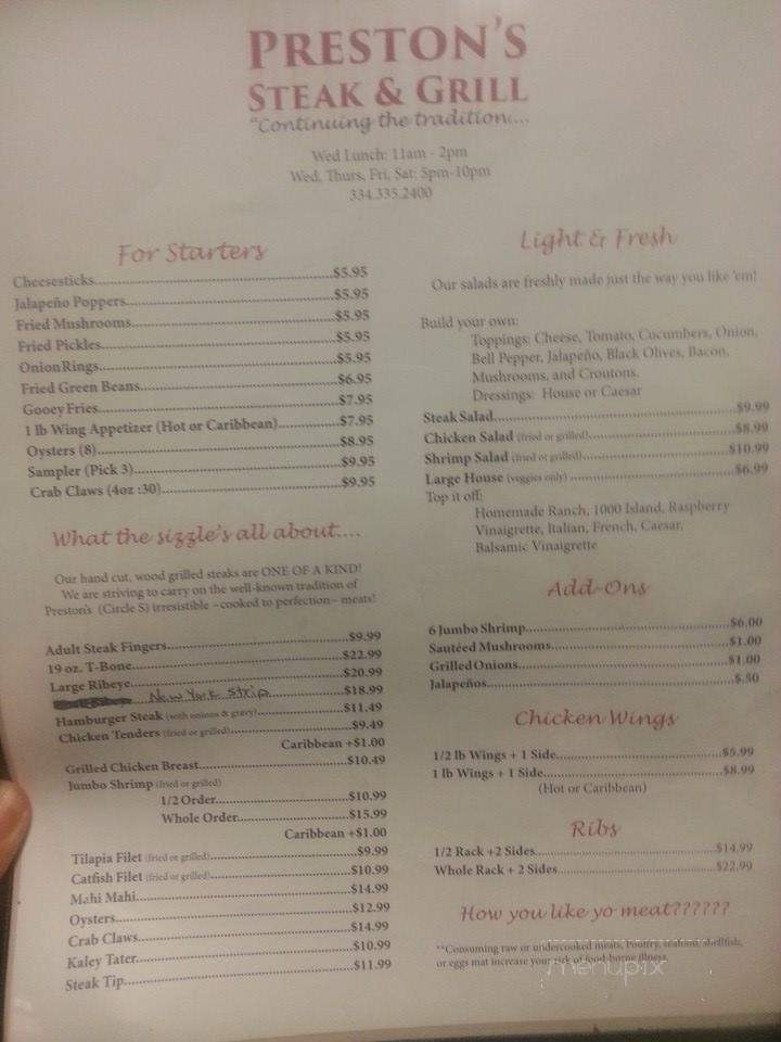 Preston's Steak & Grill - Luverne, AL menu_pic