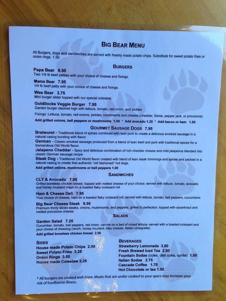 Big Bear - Skykomish, WA menu_pic