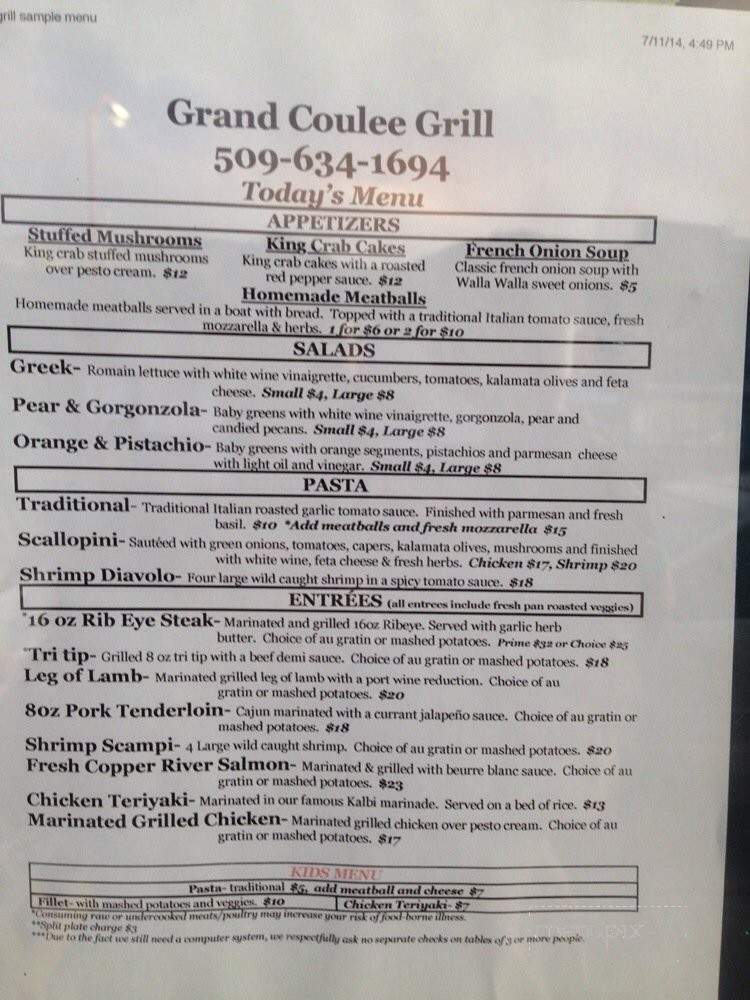 The Grand Coulee Grill - Grand Coulee, WA menu_pic