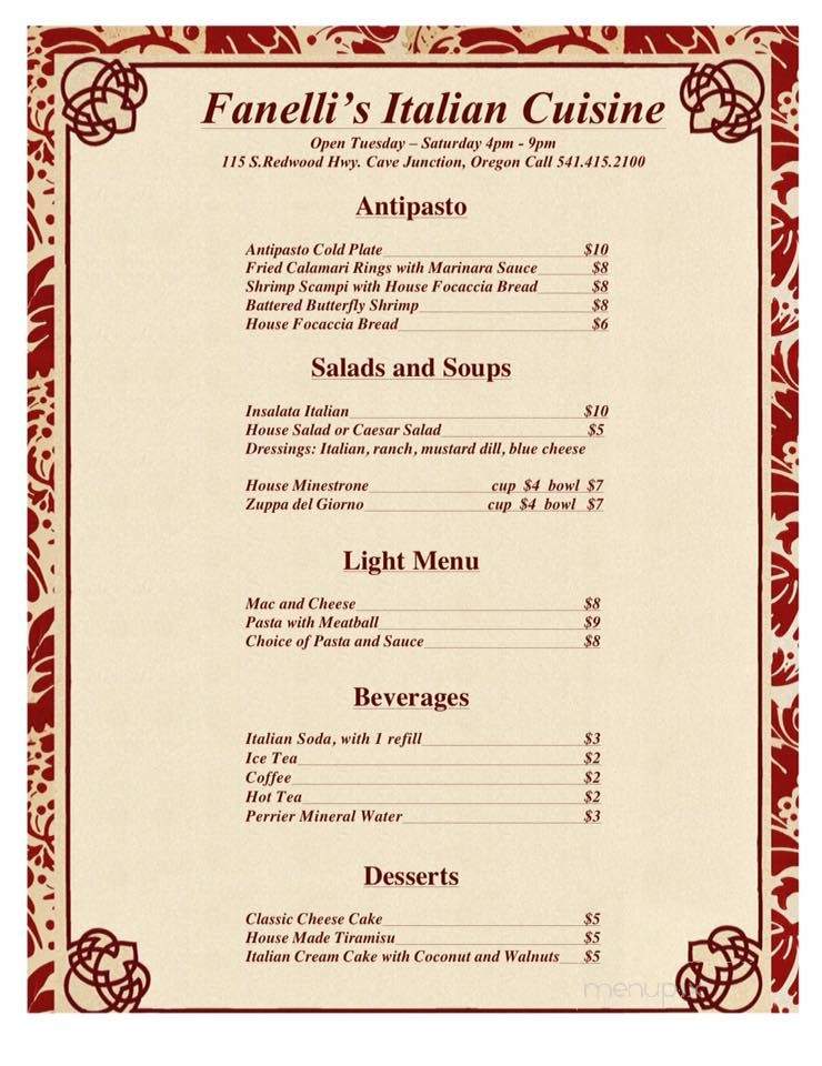 Fanelli's - Cave Junction, OR menu_pic
