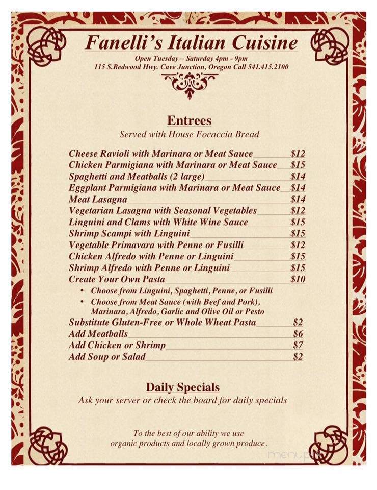 Fanelli's - Cave Junction, OR menu_pic