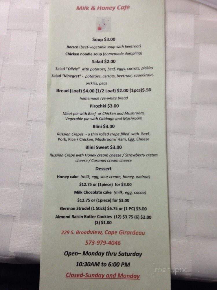 Milk & Honey Cafe - Cape Girardeau, MO menu_pic