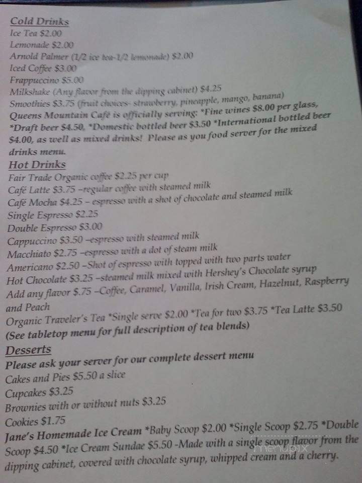 Queens Mountain Cafe - Roxbury, NY menu_pic