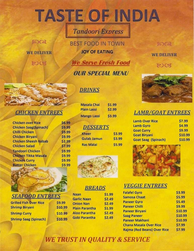 Taste of India - West Reading, PA menu_pic