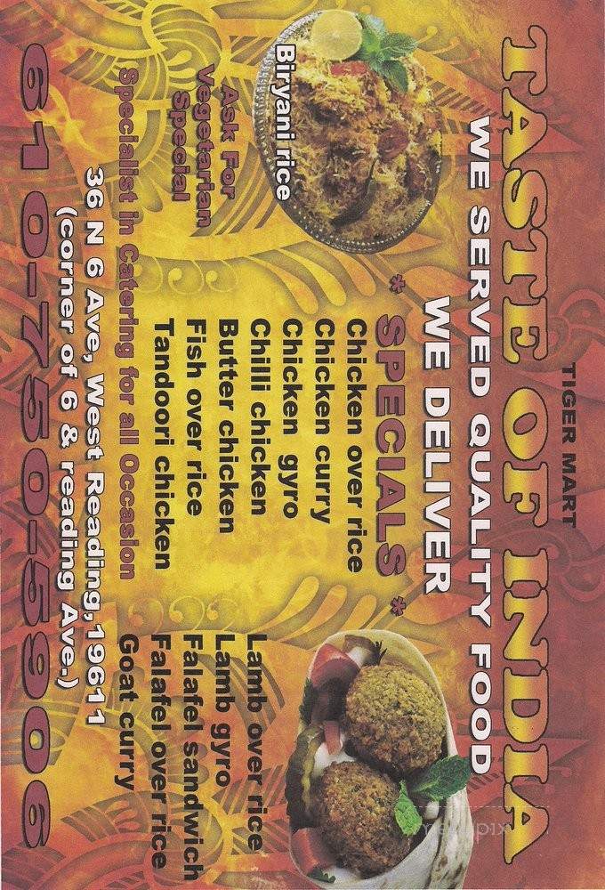 Taste of India - West Reading, PA menu_pic