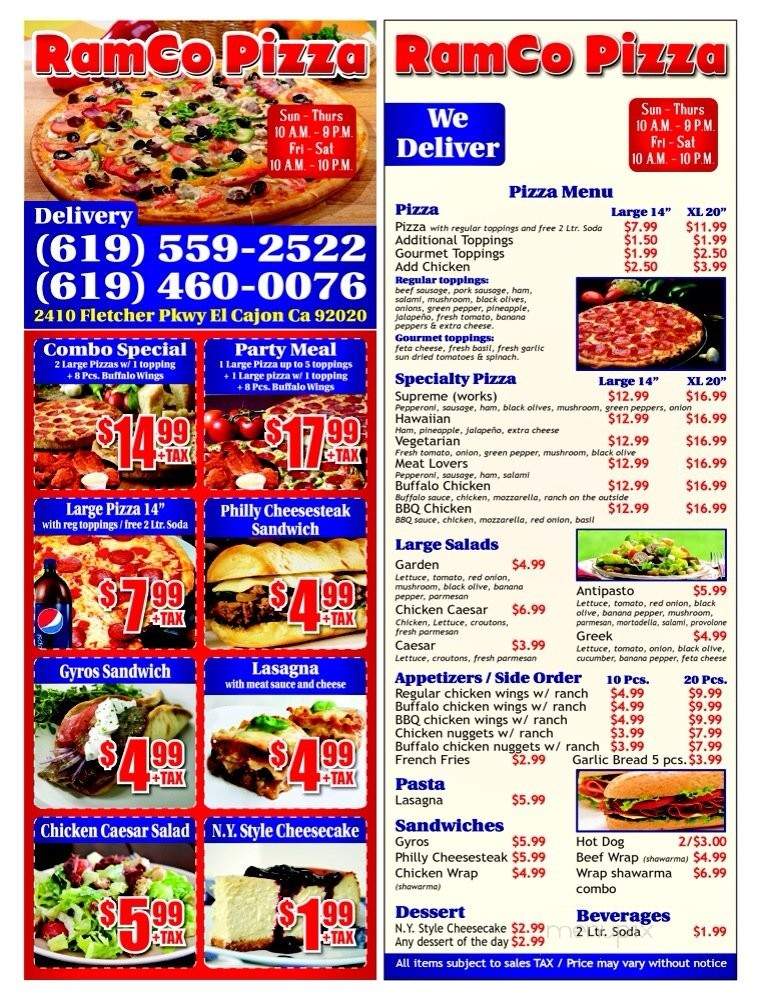Ramco Pizza - El Cajon, CA menu_pic