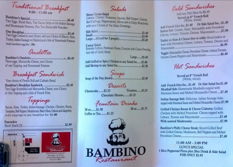 Bambino Restaurant - San Diego, CA menu_pic