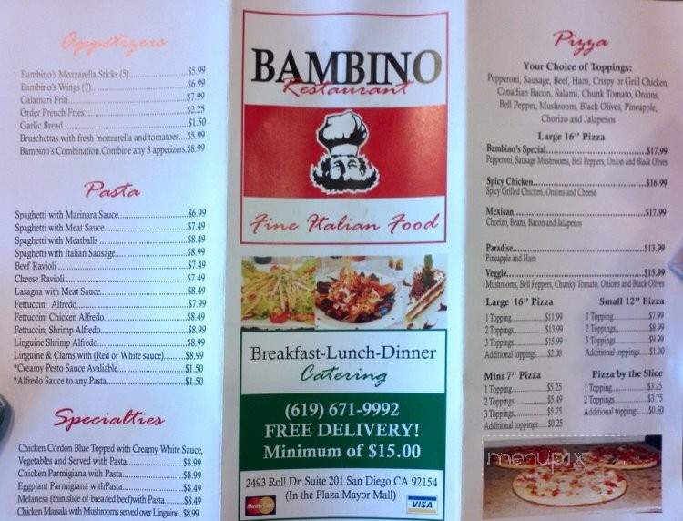 Bambino Restaurant - San Diego, CA menu_pic