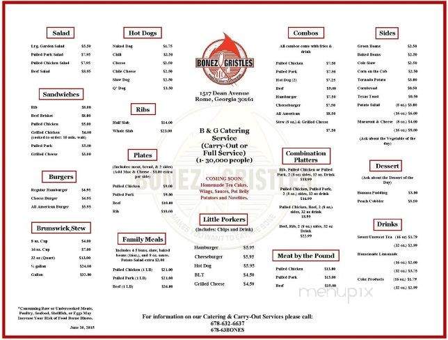 Bonez & Gristles Barbecue and Catering - Rome, GA menu_pic