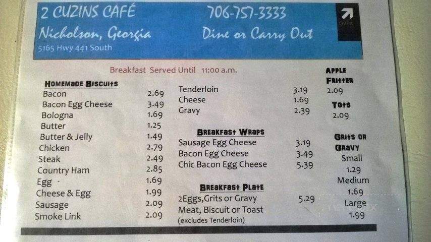 2 Cuzins' Cafe - Nicholson, GA menu_pic