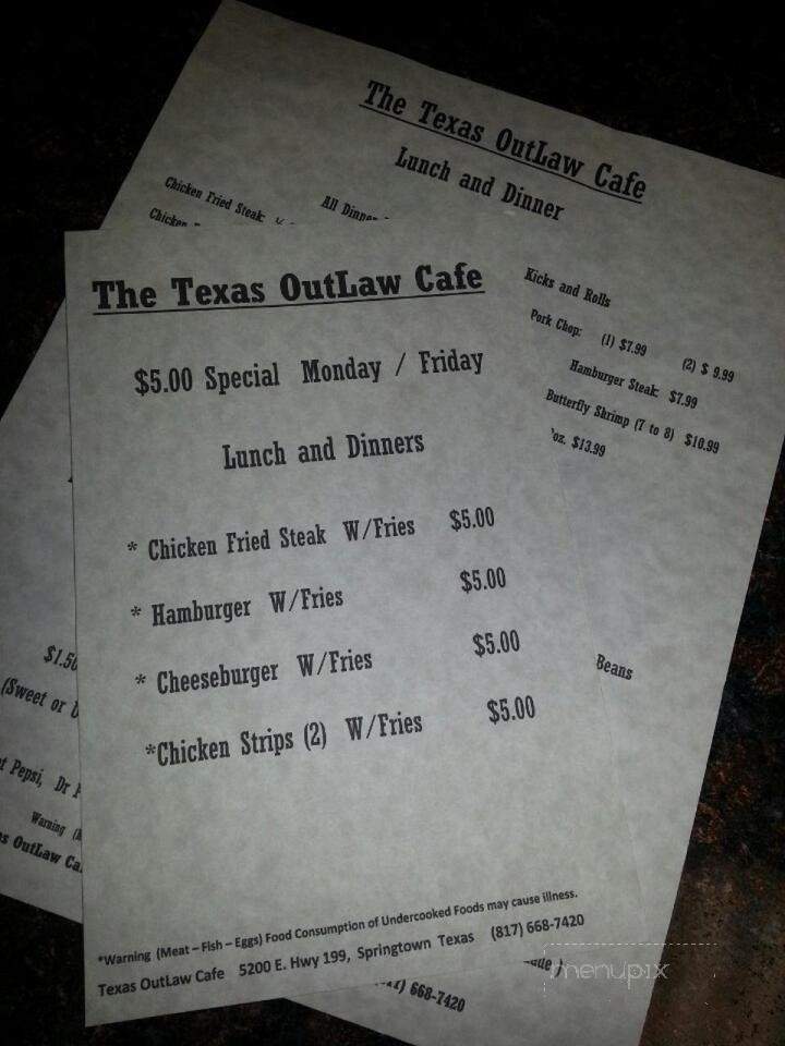 Texas Outlaw Cafe - Springtown, TX menu_pic
