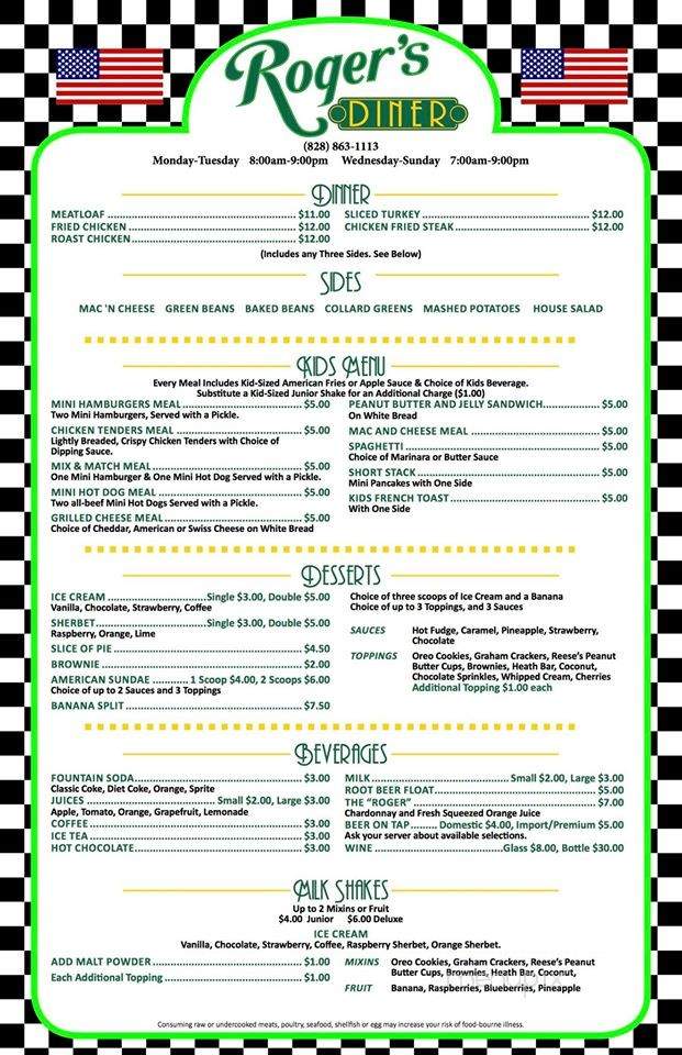 Roger's Diner - Mill Spring, NC menu_pic