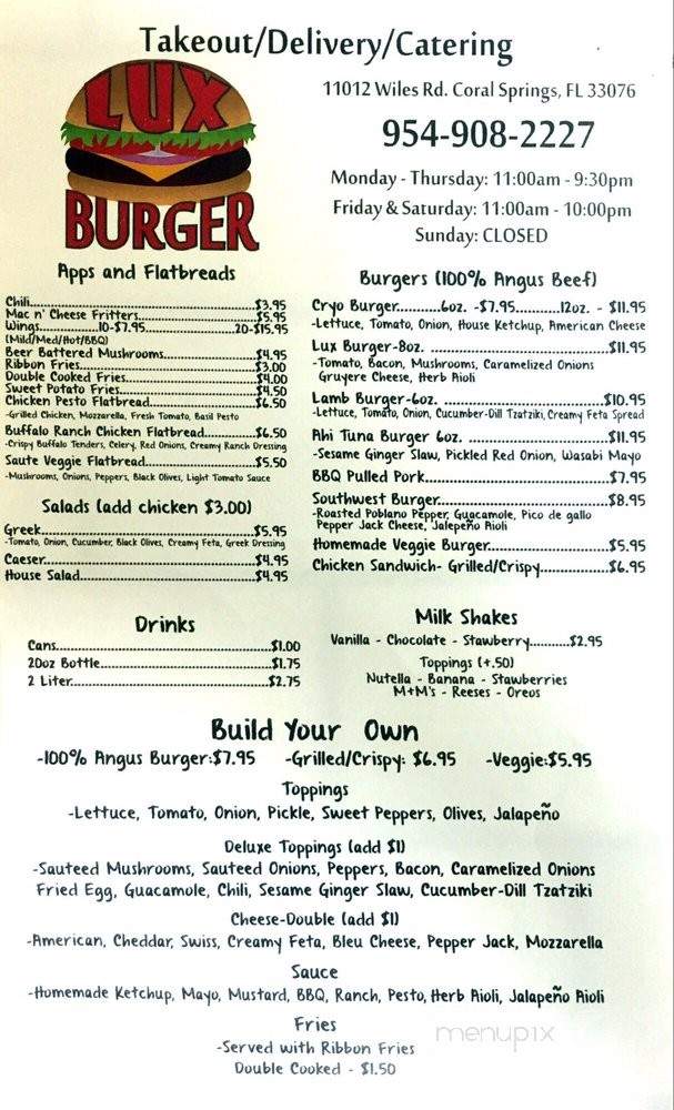 Lux Burger - Coral Springs, FL menu_pic