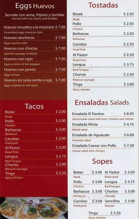 El Paraiso Mexicano - Norristown, PA menu_pic