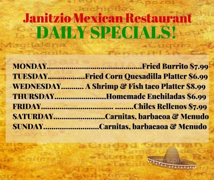 Menu of Janitzio Mexican Restaurant in Hartford, MI 49057