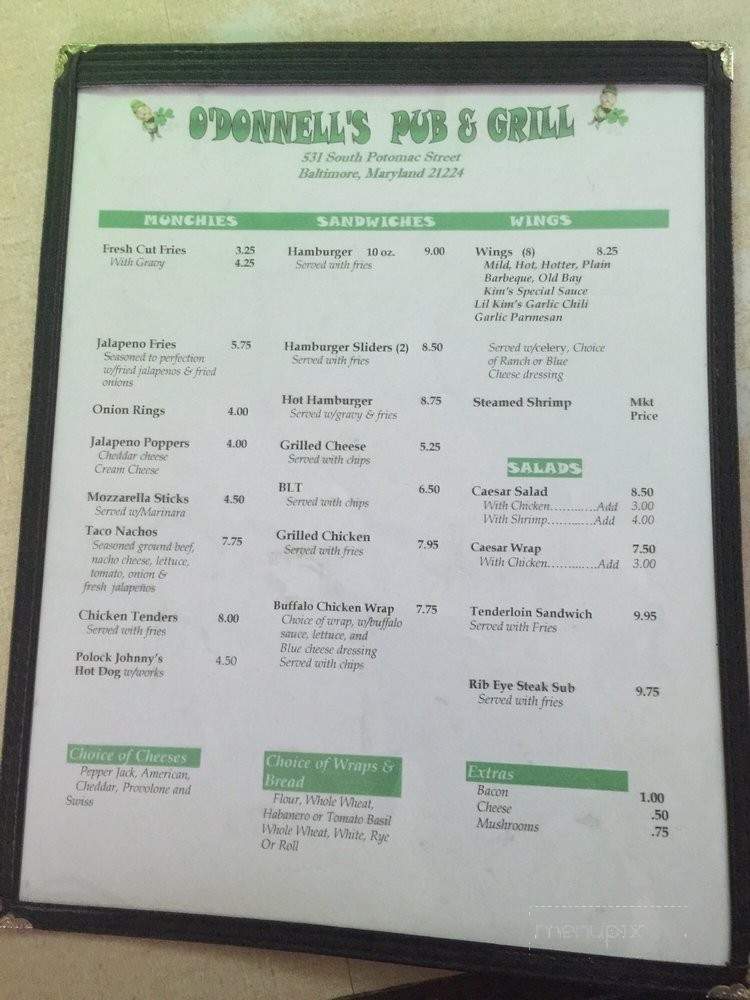 O'Donnell's Pub - Baltimore, MD menu_pic
