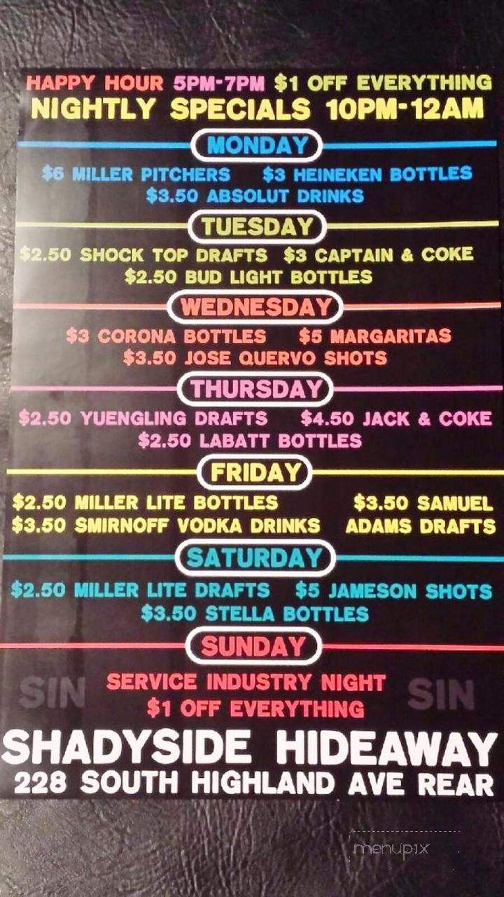 Shadyside Hideaway Bar - Pittsburgh, PA menu_pic