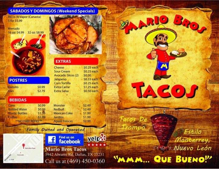 Menu of Mario Bros Tacos in Dallas, TX 75231