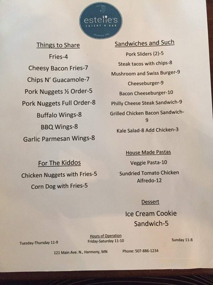 Estelle’s Eatery & Bar - Harmony, MN menu_pic