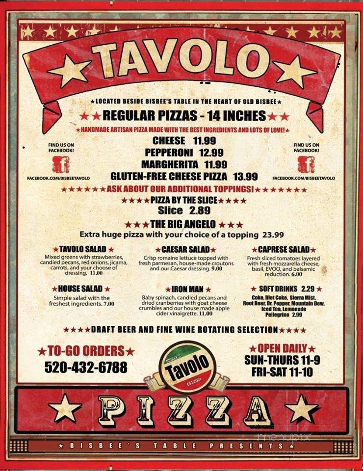 Tavolo - Bisbee, AZ menu_pic