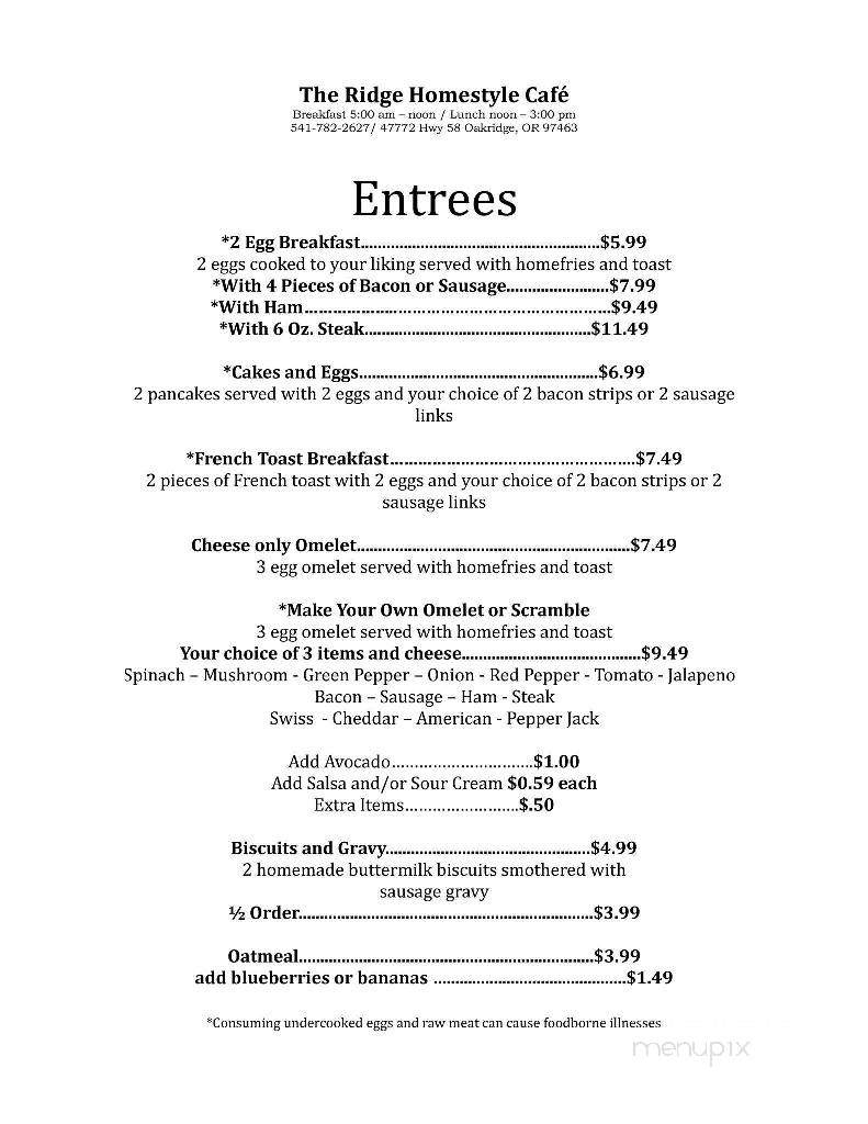 The Ridge Homestyle Cafe - Oakridge, OR menu_pic