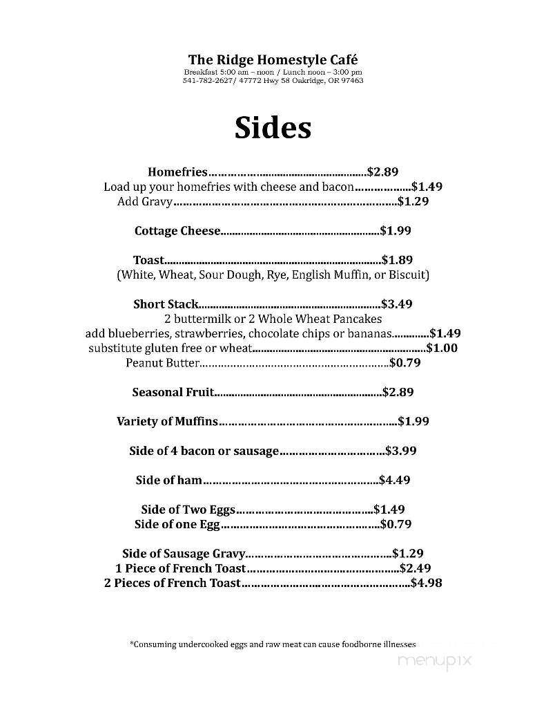 The Ridge Homestyle Cafe - Oakridge, OR menu_pic