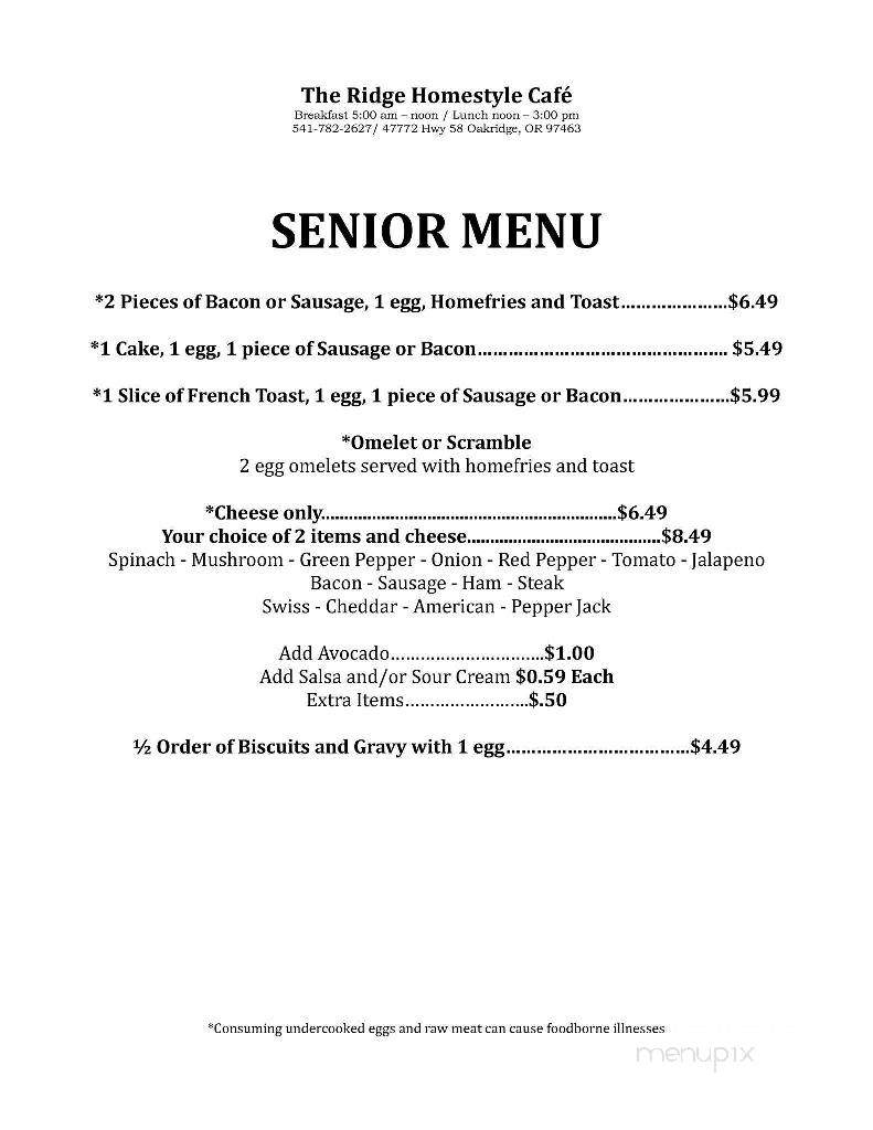 The Ridge Homestyle Cafe - Oakridge, OR menu_pic