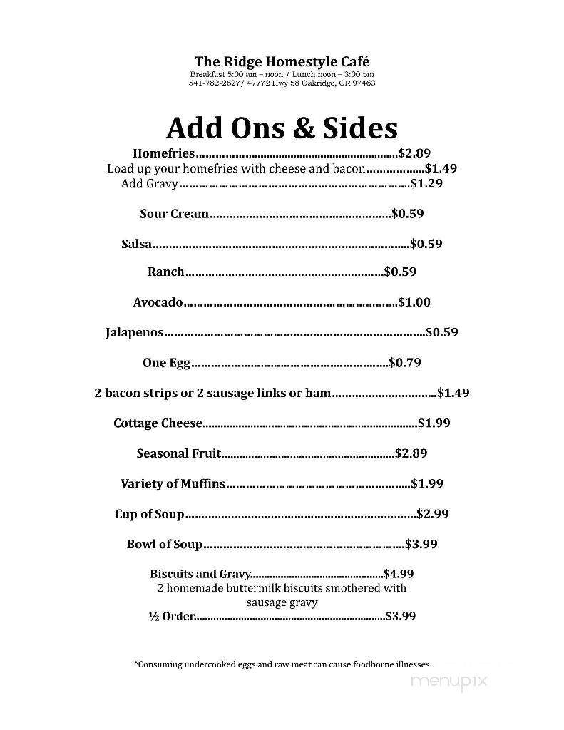 The Ridge Homestyle Cafe - Oakridge, OR menu_pic