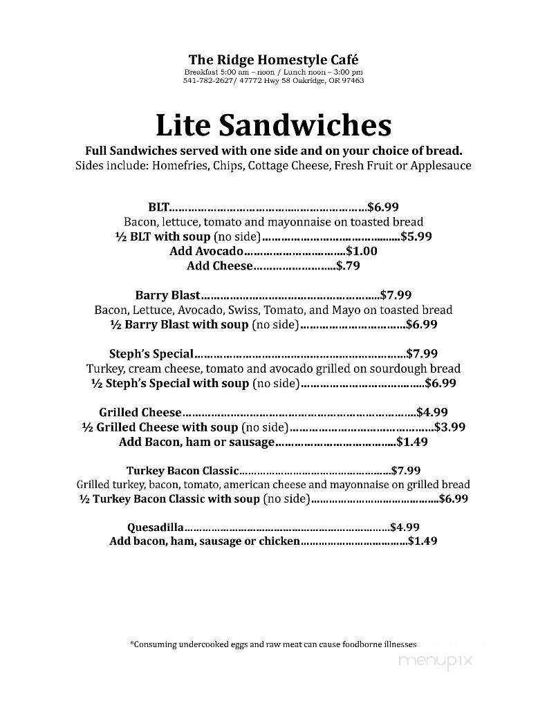 The Ridge Homestyle Cafe - Oakridge, OR menu_pic