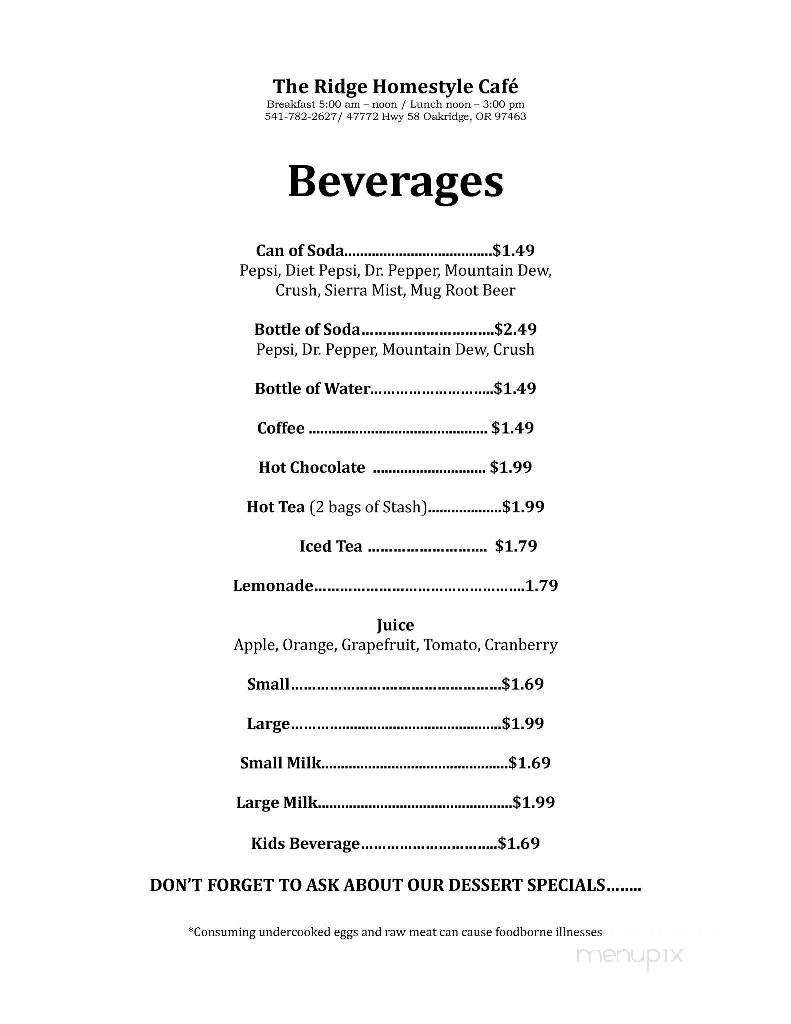 The Ridge Homestyle Cafe - Oakridge, OR menu_pic