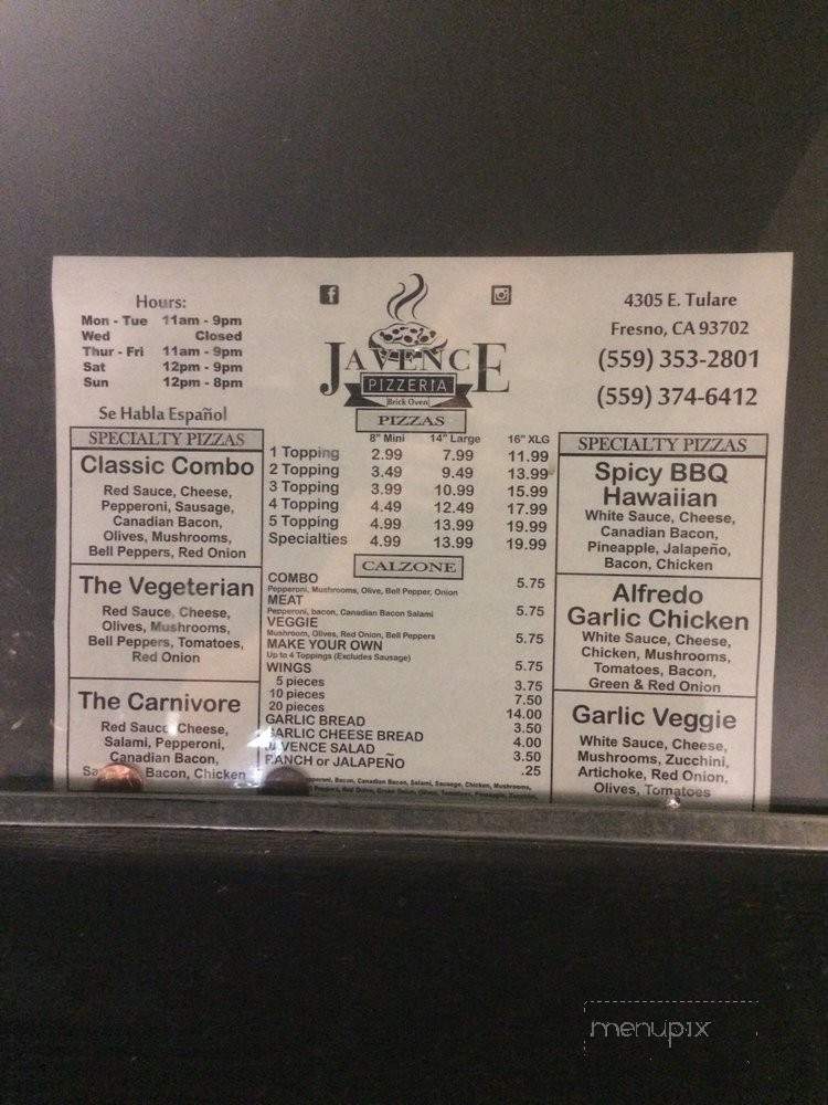 Javence Pizzeria - Fresno, CA menu_pic