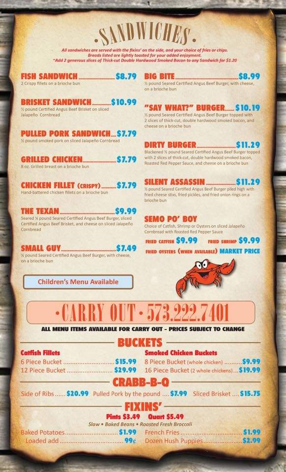 Crabb & Company - Wappapello, MO menu_pic