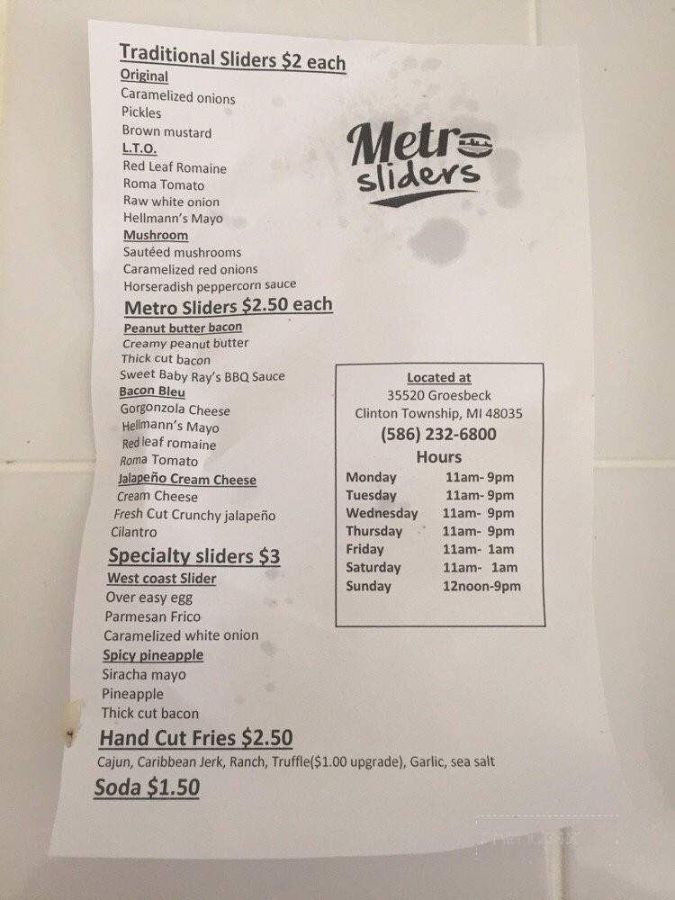 Metro Sliders - Clinton Township, MI menu_pic