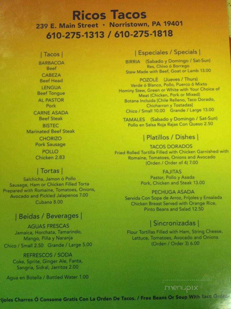 Rico's Tacos - Norristown, PA menu_pic