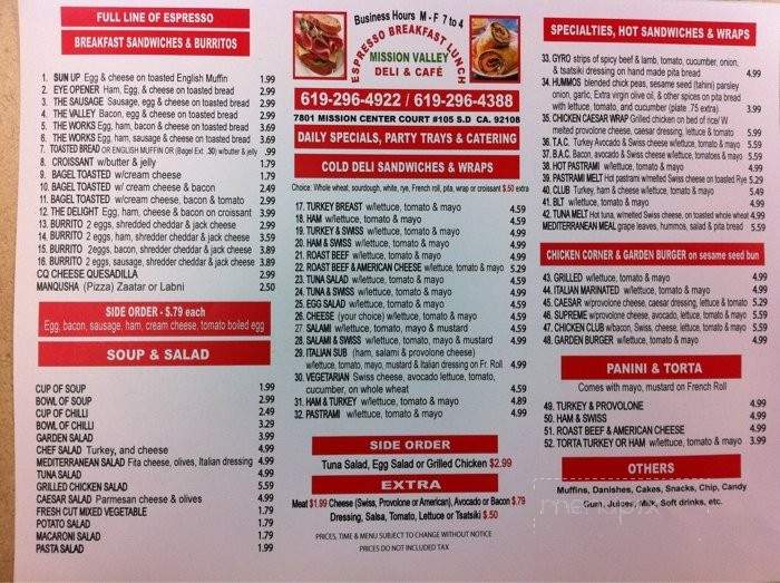 Mission Valley Deli & Cafe - San Diego, CA menu_pic