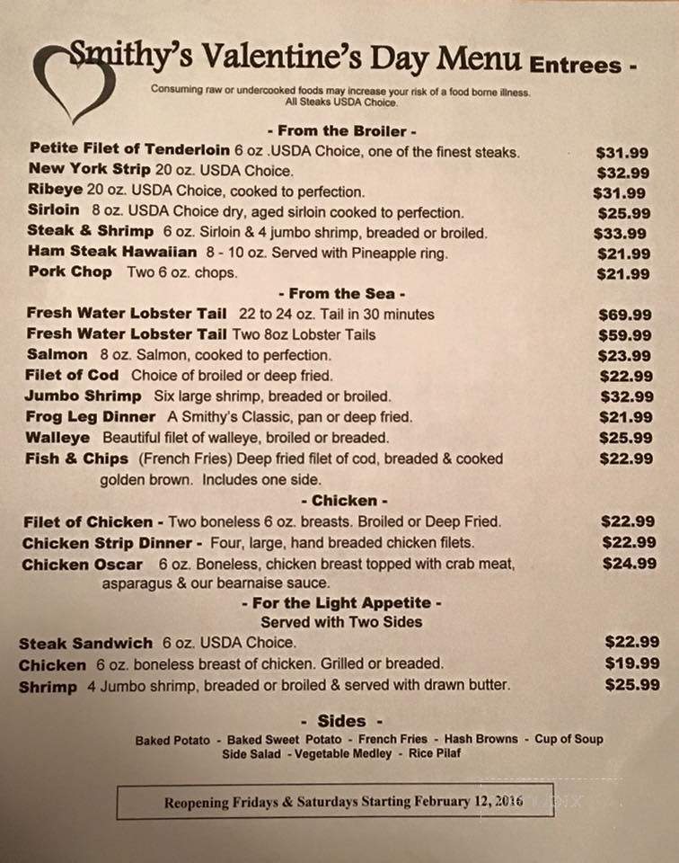 Smithy's Supper Club - Solon Springs, WI menu_pic